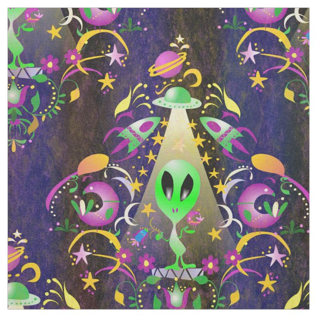 Niedlich Space Alien Floral SciFi Damask Stoff (Muster)