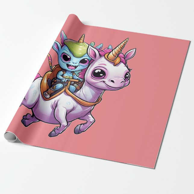 Niedlich Space Alien reitet unicorn lustiges UFO Geschenkpapier (Ungerollt)