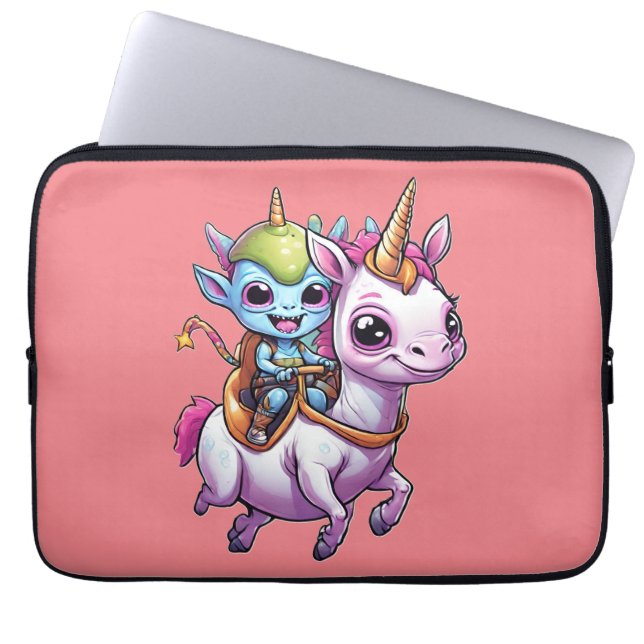 Niedlich Space Alien reitet unicorn lustiges UFO Laptopschutzhülle (Vorderseite)