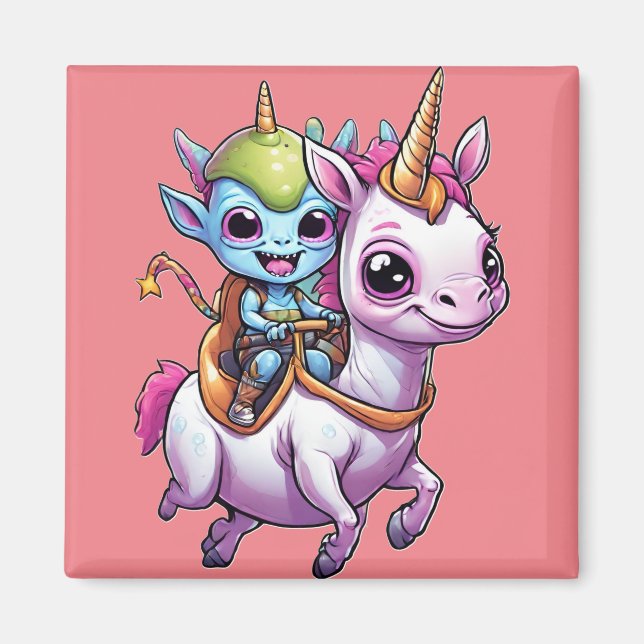 Niedlich Space Alien reitet unicorn lustiges UFO Magnet (Vorne)