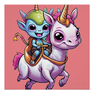 Niedlich Space Alien reitet unicorn lustiges UFO Poster