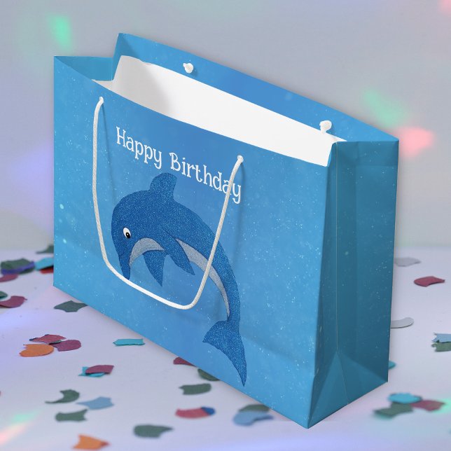 Niedlich Sparkle Blue White Jumping Dolphin Geburt Große Geschenktüte (Sparkle dark blue and white jumping cute dolphin on blue Happy Birthday gift bag.)