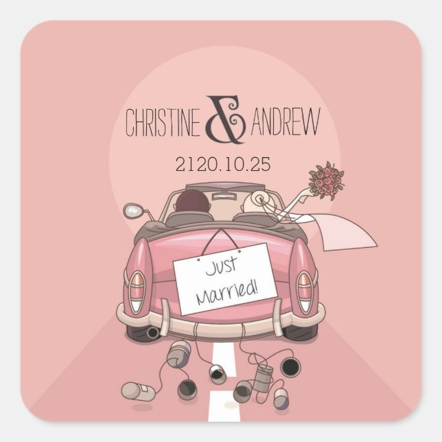 Niedlich Spaß Typografie "Just Married!" Personali Quadratischer Aufkleber (Vorderseite)