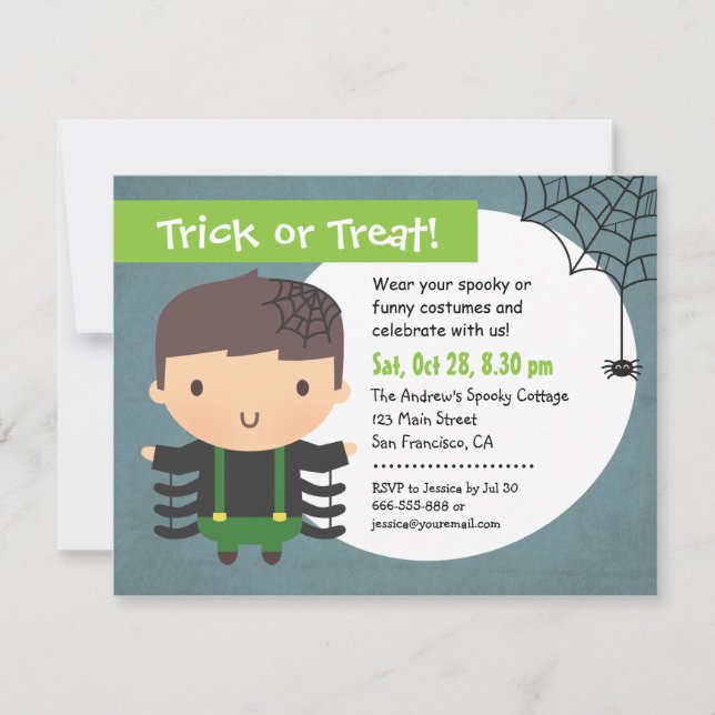Niedlich Spider Boy Kids Halloween-Party Einladung (Vorderseite)