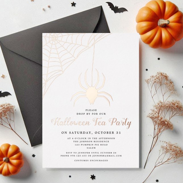 Niedlich Spider Halloween Tee Party Rose Gold Folieneinladung (Cute Spider Halloween Tea Party Rose Gold Foil Invitation)