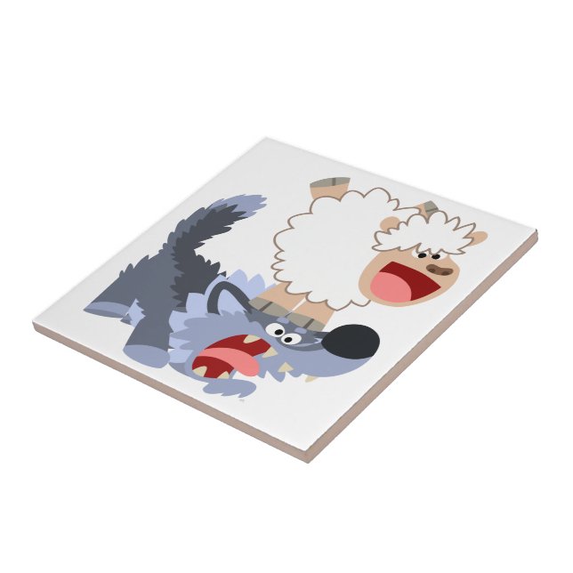 Niedlich spielend Cartoon Sheep und Wolf Tile Fliese (Seite)