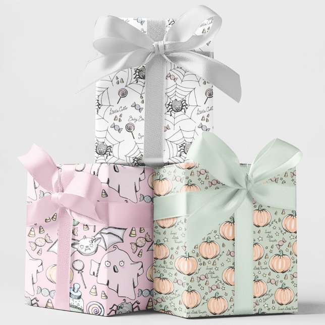 Niedlich Spooky Baby Halloween Oktober Geburtstag Geschenkpapier Set (Cute October Birthday Halloween Kids Gift Wrap. Cute Baby Ghosts, Bats, Pumpkins & Spiders & Candy.)