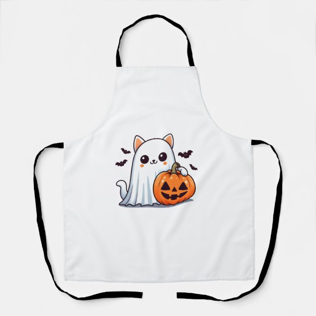 Niedlich Spooky Cat Ghost Pumpkin Halloween Fall C Schürze (Vorderseite)