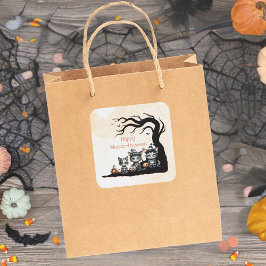 Niedlich Spooky Ghost Halloween Schwarze Katzen Quadratischer Aufkleber