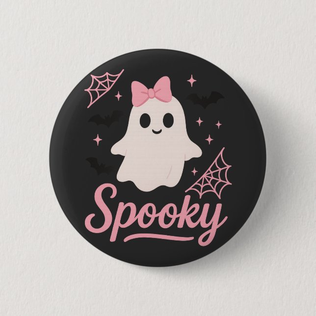 Niedlich Spooky Ghost mit Pink Bow Kawaii Hallowee Button (Vorderseite)