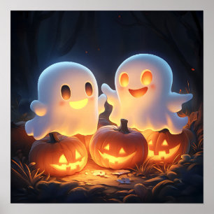Niedlich Spooky Halloween Cartoon Ghosts Glows Pum Poster