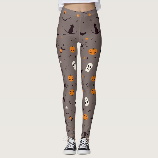Niedlich Spooky Halloween Geister und Kürbismuster Leggings (Vorderseite)