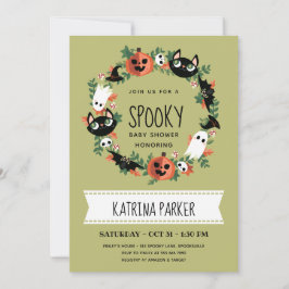 Niedlich Spooky Halloween Wreath Green Baby Dusche Einladung
