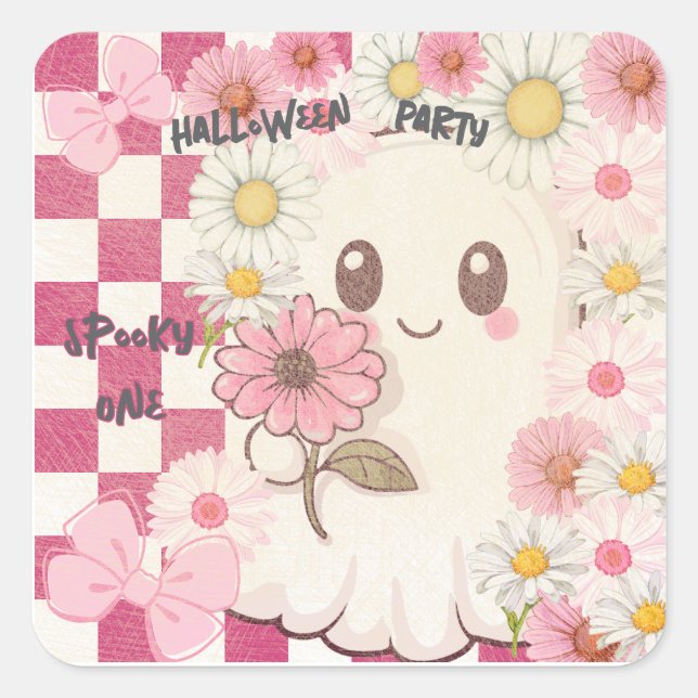 Niedlich Spooky Pink Daisy Halloween-Party Einladu Quadratischer Aufkleber (Vorderseite)