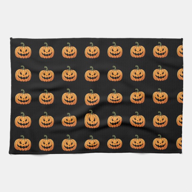 Niedlich Spooky Pumpkin Pattern Schwarzes Hallowee Geschirrtuch (Horizontal)