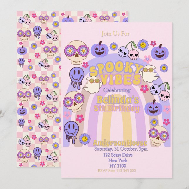 Niedlich Spooky Vibes Groovy Ghost Halloween Gebur Einladung (Vorne/Hinten)
