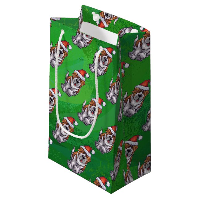 Niedlich St. Bernard in Hat Pattern auf Green Kleine Geschenktüte (Vorderseite Schrägansicht)