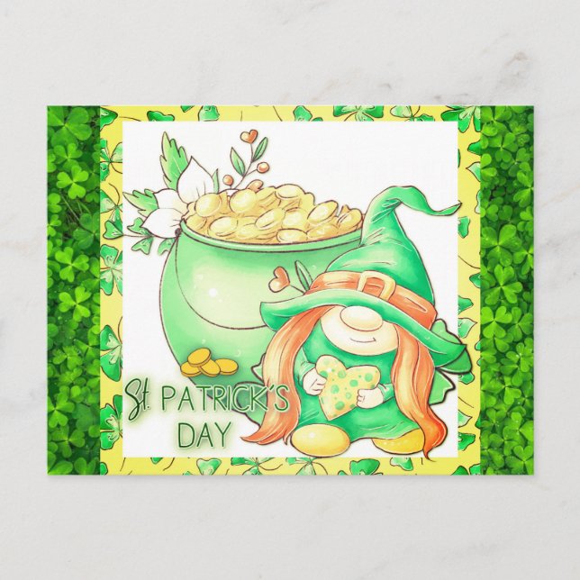 Niedlich St Patricks Day Gnome Girl Green Kleeblat Postkarte (Vorderseite)