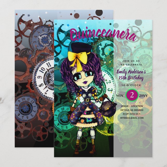 Niedlich STEAMPUNK Girl Cosplay Geburtstag Einladung (Vorne/Hinten)