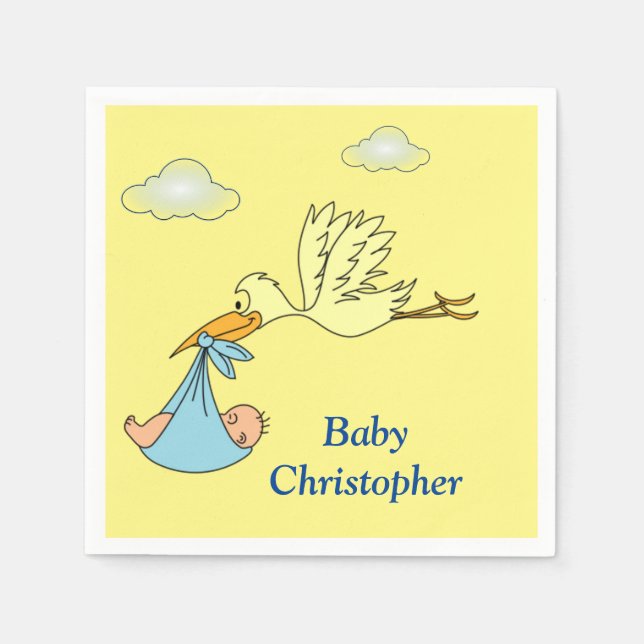 Niedlich Stork Baby Boy Dusche Name Blau Gelb Serviette (Vorderseite)