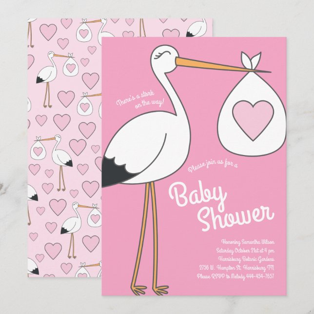 Niedlich Stork Baby Dusche Pink Girl Einladung (Vorne/Hinten)