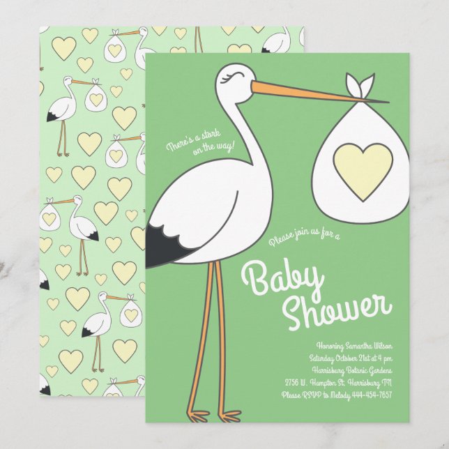 Niedlich Stork Baby Duwer Mod Gender Neutral Einladung (Vorne/Hinten)