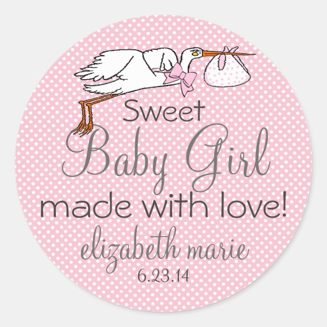 Niedlich Stork Pink Baby Showgast Gefallen Runder Aufkleber (Vorderseite)