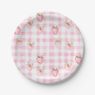 Niedlich Strawberry Berry Pink Gingham Brithday Pappteller