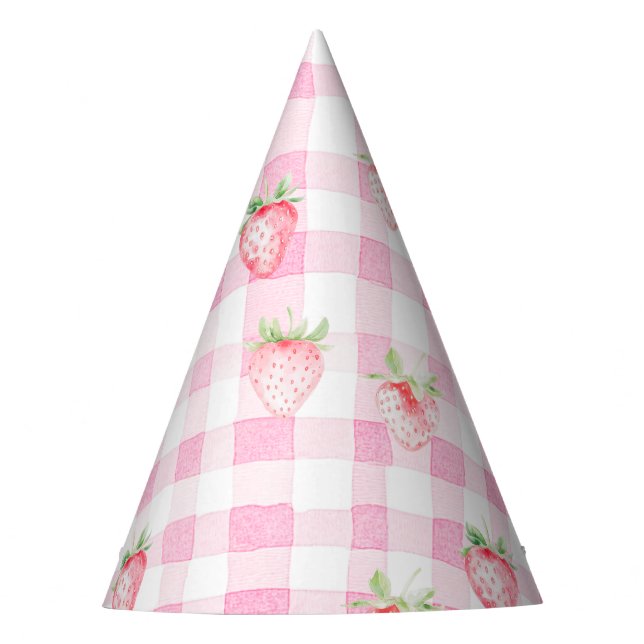 Niedlich Strawberry Berry Pink Gingham Brithday Partyhütchen (Vorderseite)