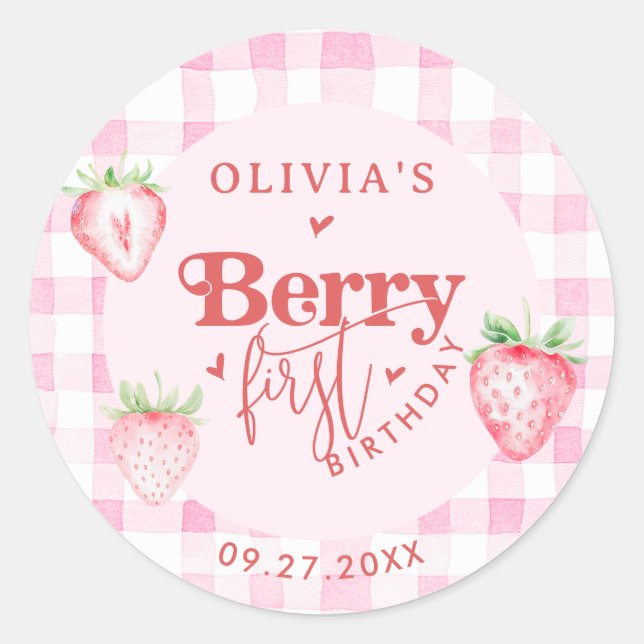 Niedlich Strawberry Daisy Berry First Brithday Runder Aufkleber (Vorderseite)