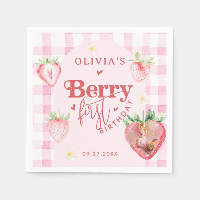 Niedlich Strawberry Daisy Berry First Foto Brithda Serviette (Vorderseite)