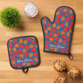 Niedlich Strawberry Floral Red Orange Blue Ofenhandschuh & Topflappen-Set