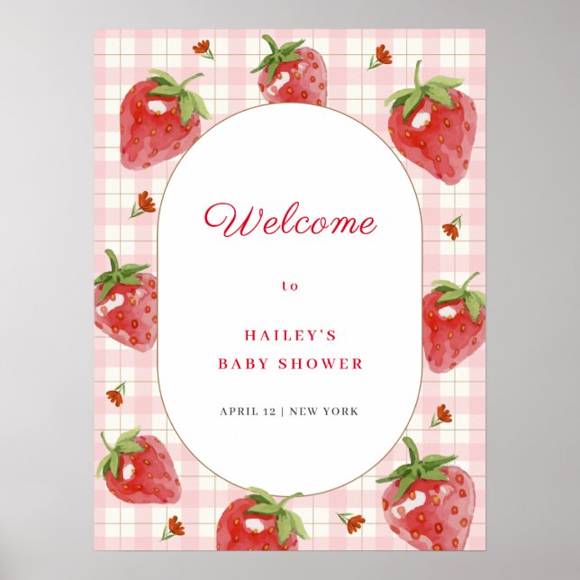 Niedlich Strawberry Sweet Gingham Welcome Baby Dus Poster (Vorne)