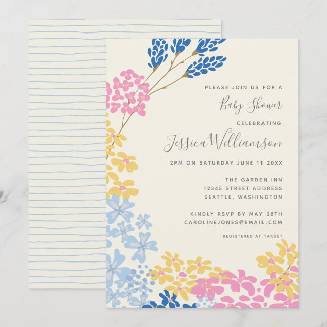 Niedlich Summer Blue und Yellow Flowers Babydusche Einladung (Vorne/Hinten)