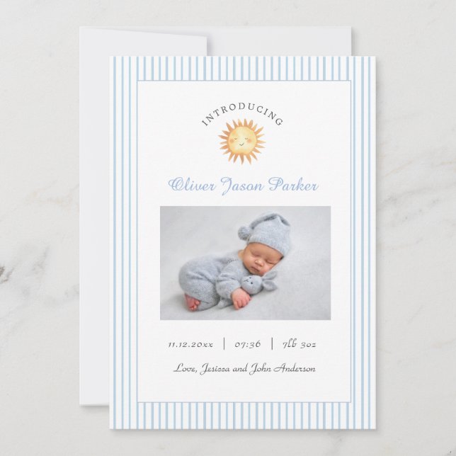 Niedlich Sun Blue Baby Foto Birth Ankündigung (Vorderseite)