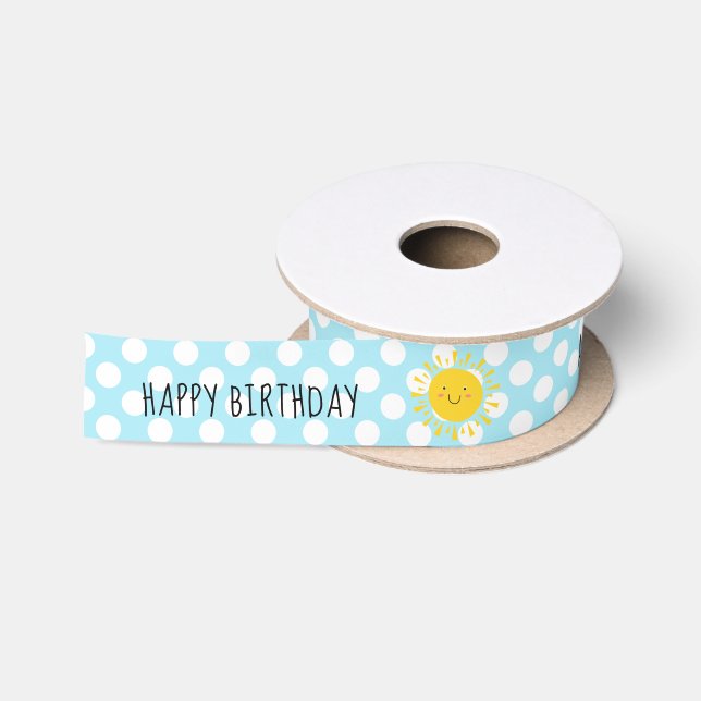 Niedlich Sunshine Happy Birthday Polka Dot Blue Satinband (Spule)