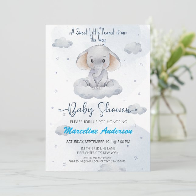 Niedlich süße kleine Erdnuss Elephant Babydusche Einladung (Stehend Vorderseite)