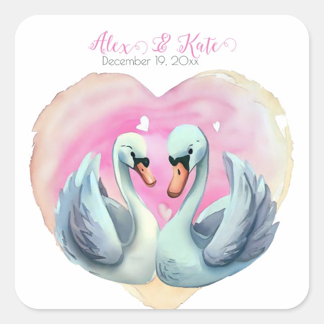 Niedlich Swan Couple | Romantische Hochzeit Quadratischer Aufkleber (Vorderseite)