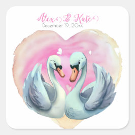 Niedlich Swan Couple | Romantische Hochzeit Quadratischer Aufkleber