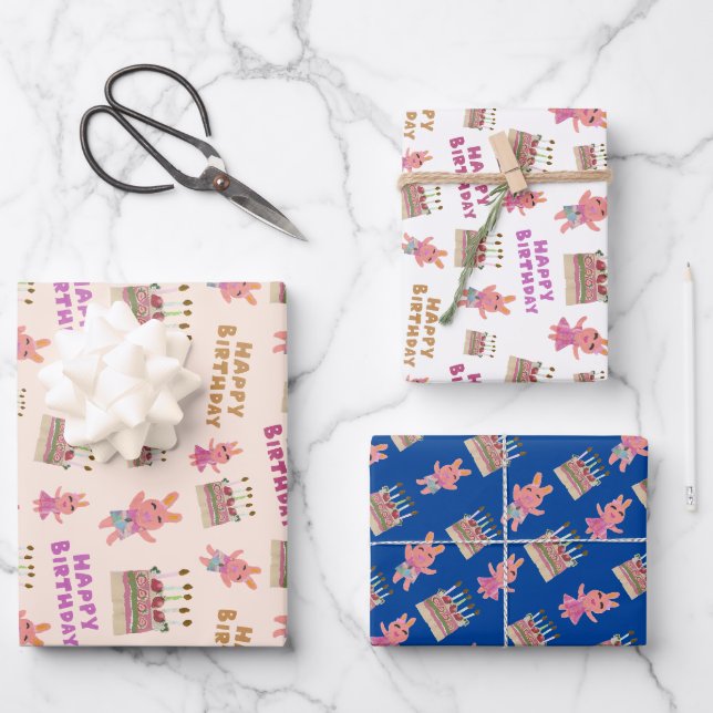 Niedlich Sweet Bunnies Pink White Blue Kindergebur Geschenkpapier Set (Vorderseite)