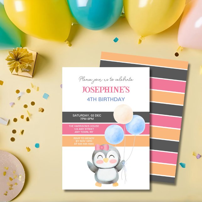 Niedlich Sweet Penguin Balloon Girl Geburtstag Einladung (Von Creator hochgeladen)