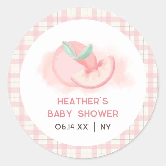 Niedlich Sweet Pink Gingham Peach Baby Dusche Runder Aufkleber (Vorderseite)