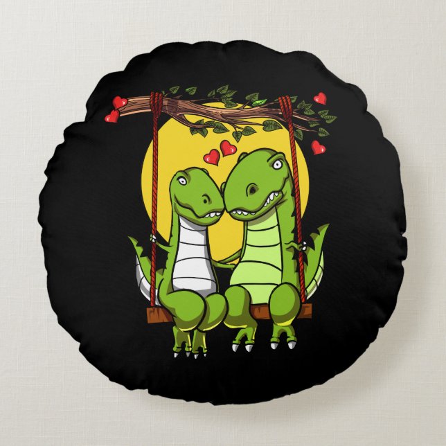Niedlich T-Rex Dinosaur Couple Rundes Kissen (Vorderseite)