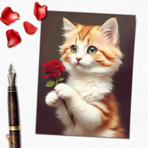 Niedlich Tabby Ginger Cat Holen einer Rote Rose