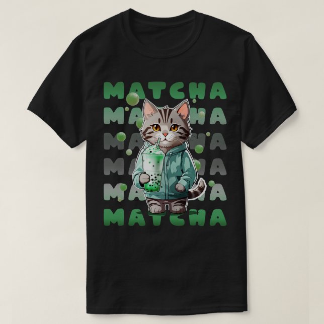 Niedlich Tabby Kitten in Hoodie trinken Matcha Gre T-Shirt (Design vorne)