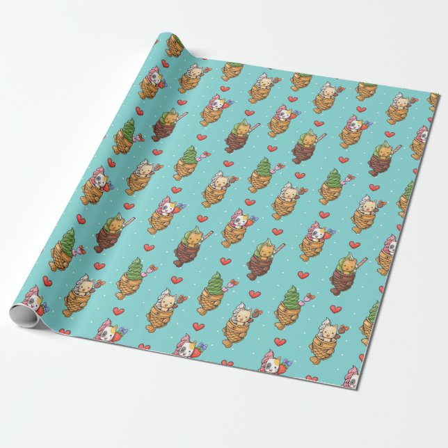 Niedlich Taiyaki Ice Cream Dessert Kawaii Cat Blue Geschenkpapier (Ungerollt)