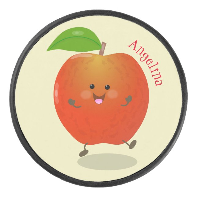 Niedlich tanzende Apfel-Cartoon-Abbildung Eishockey Puck (Vorderseite)