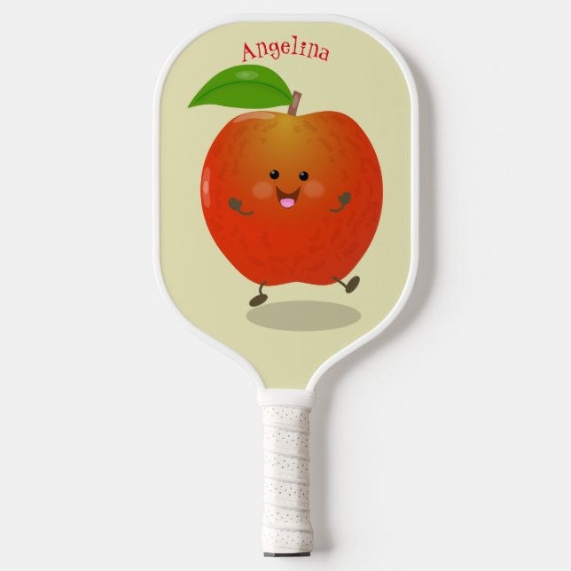 Niedlich tanzende Apfel-Cartoon-Abbildung Pickleball Schläger (Vorderseite)