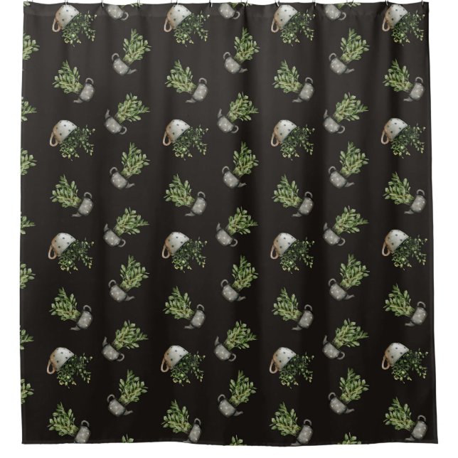 Niedlich Teacup Pflanze Gemustert Schwarzer Duschv Duschvorhang (Vorderseite)