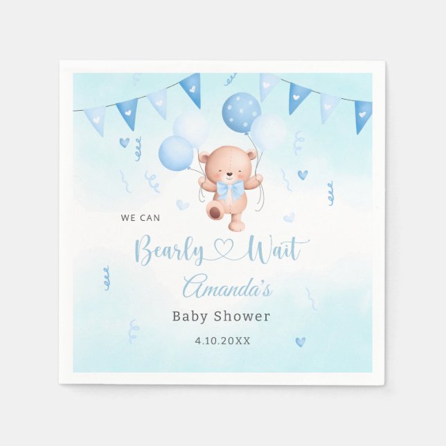 Niedlich Teady Baby Bear Aquarell Boho Blue Balloo Serviette (Vorderseite)